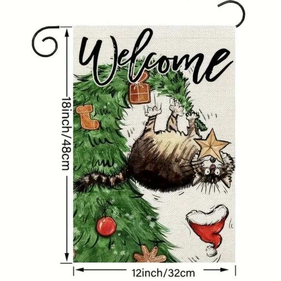 Welcome garden flag, tabby cat, Christmas tree & ornament, winter - Picture 2 of 4